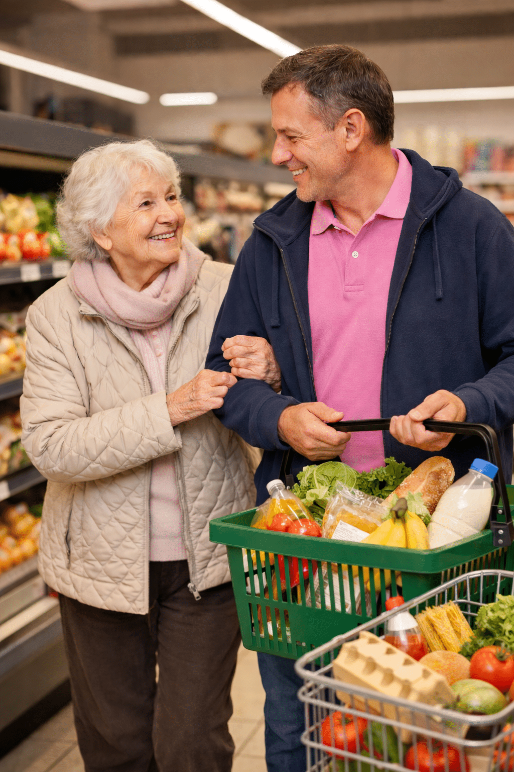 Aide aux courses à domicile : intervenant accompagnant une personne âgée lors des courses en supermarché