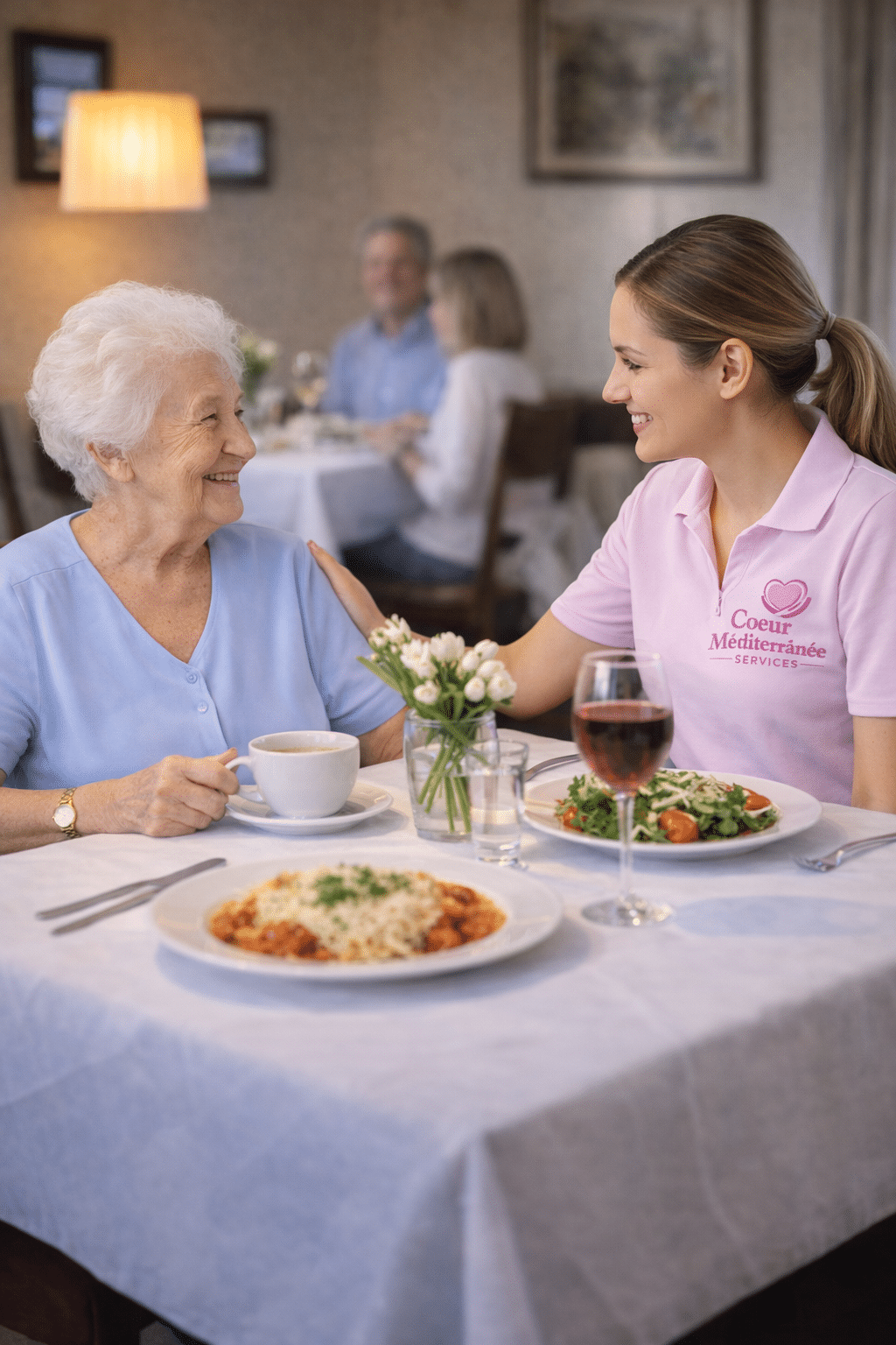 Aide à domicile accompagnant une personne au restaurant, service d’accompagnement seniors à Toulon