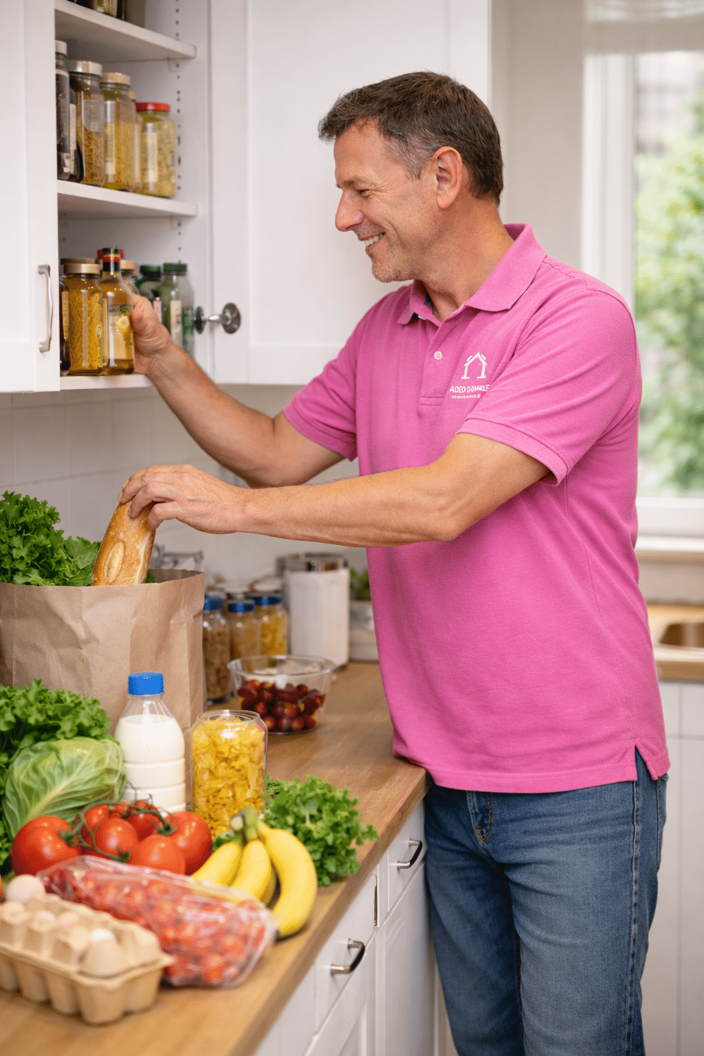 Aide aux courses à domicile avec rangement des aliments dans les placards par un intervenant professionnel