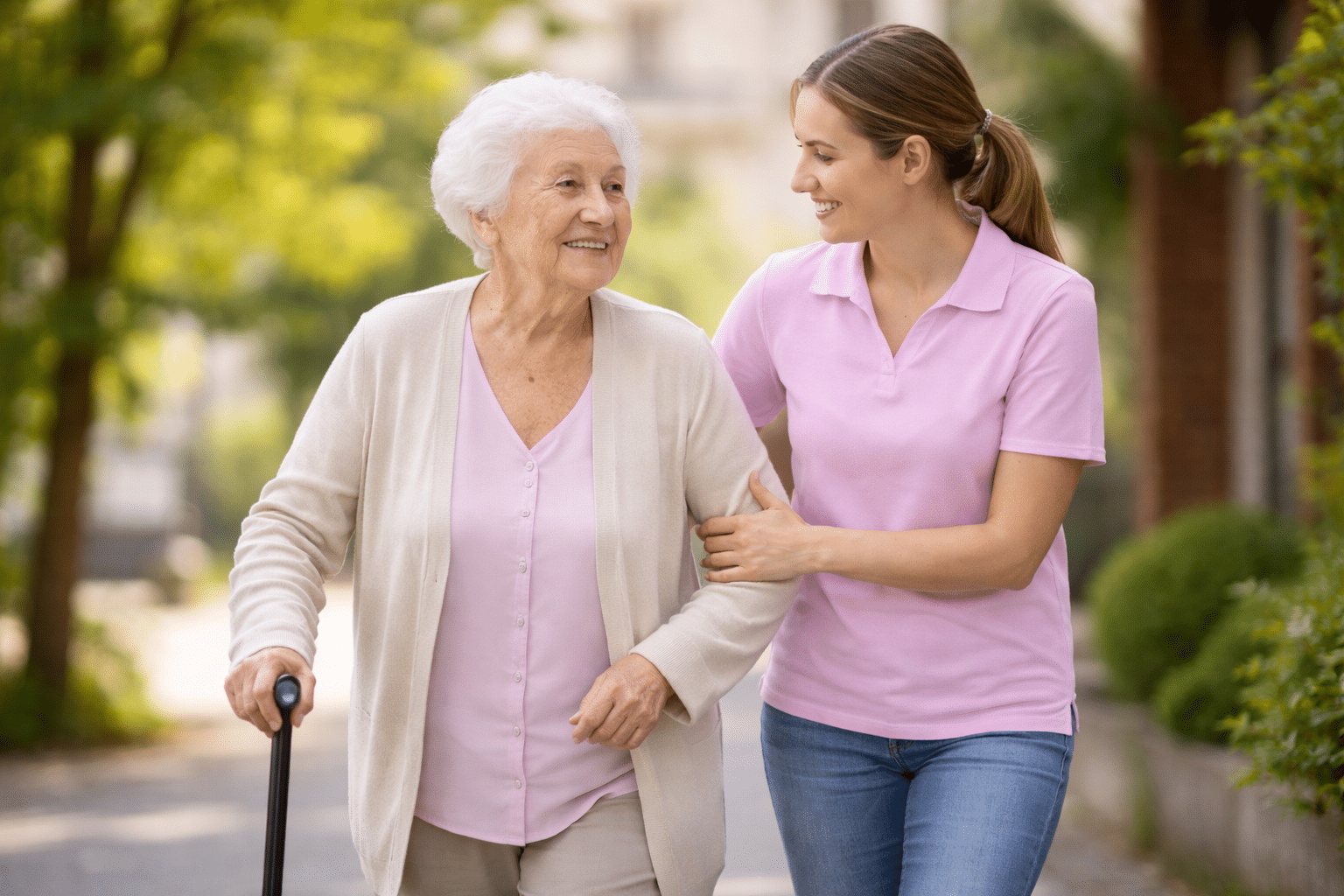 Accompagnant aidant une personne âgée lors d’un déplacement à pied, en toute sécurité.