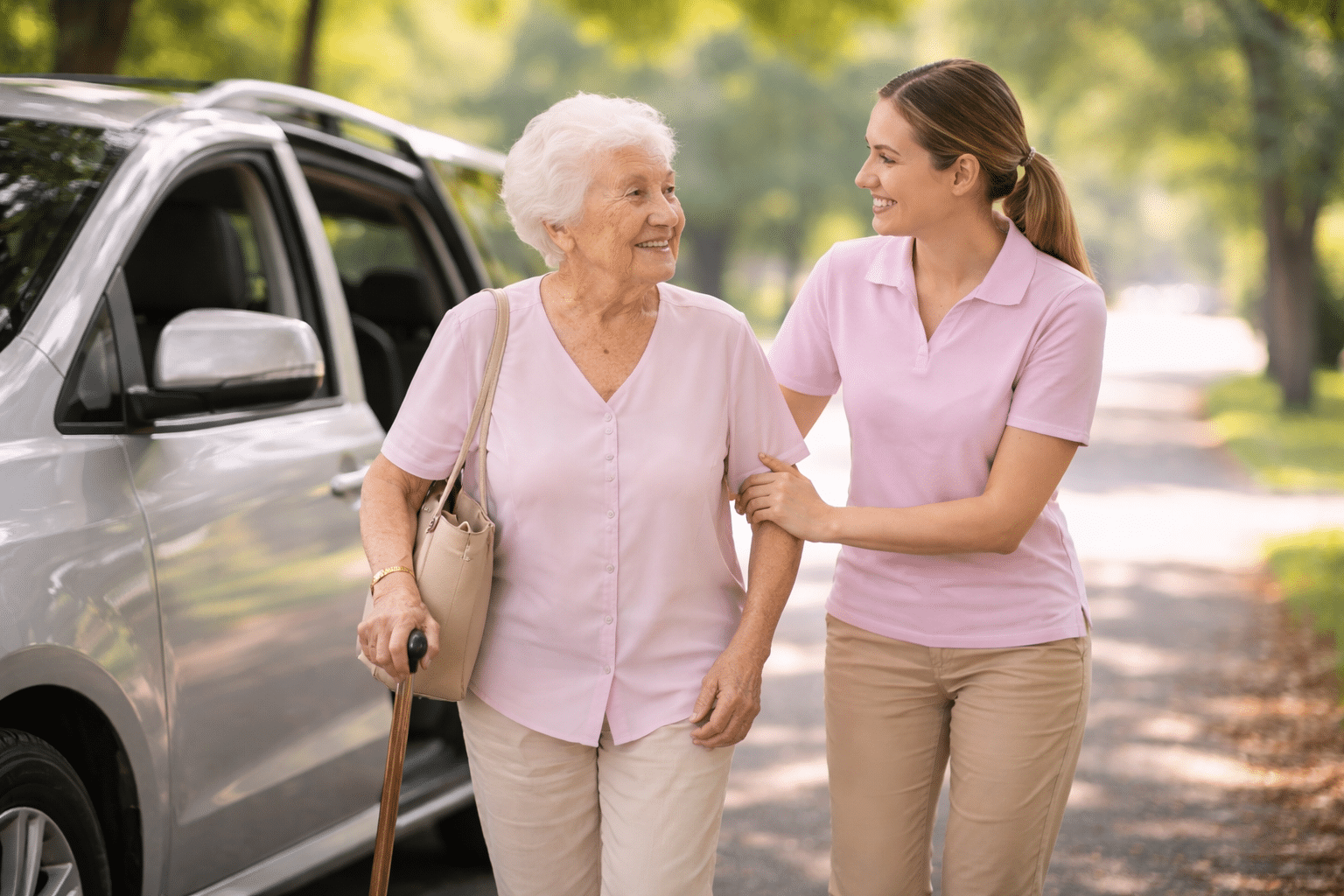Accompagnant aidant une personne âgée lors d’un déplacement en véhicule, en toute sécurité.