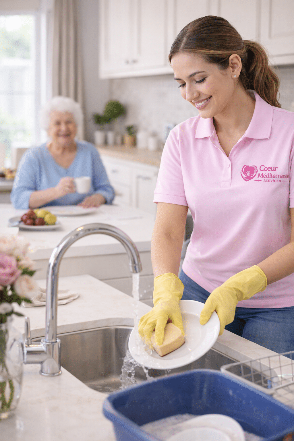 Aide à domicile effectuant la vaisselle chez une personne âgée à Toulon, dans un cadre propre et sécurisé.