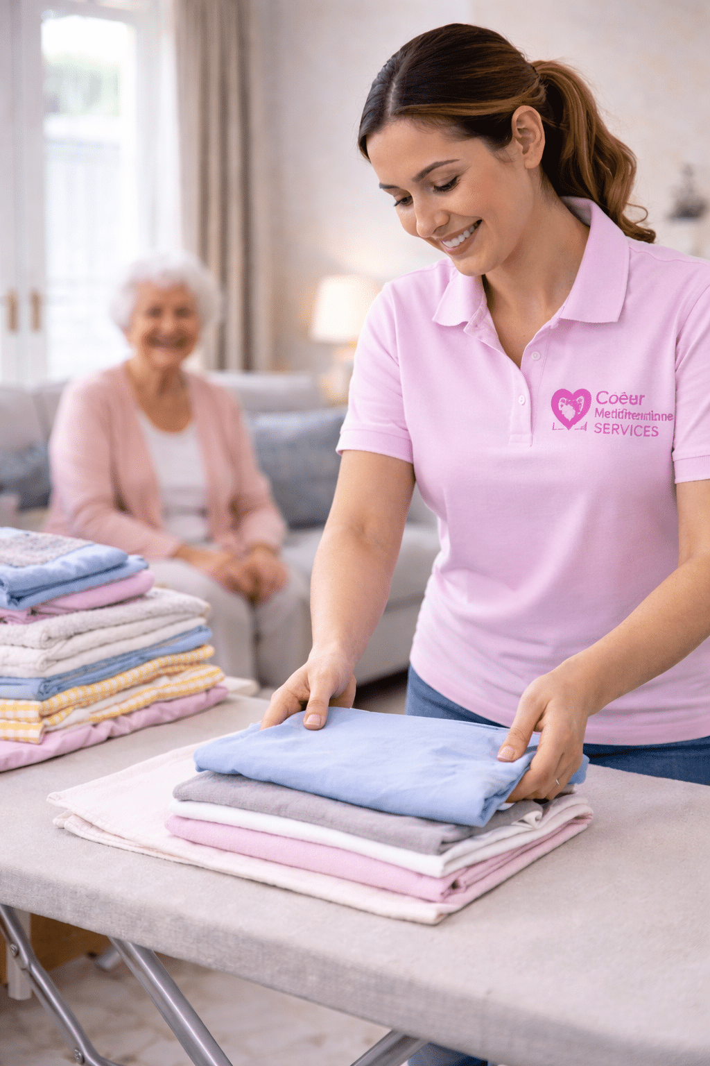 Aide à domicile pliant le linge chez une personne âgée à Toulon, avec le logo Cœur Méditerranée Services.