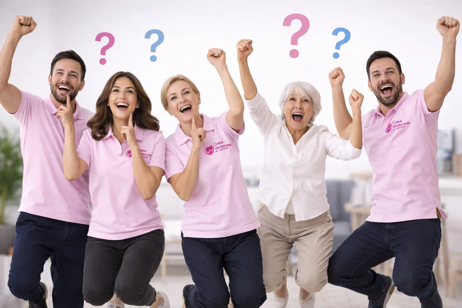 Équipe Cœur Méditerranée Services et clients souriants posant des questions sur l’aide à domicile à Toulon