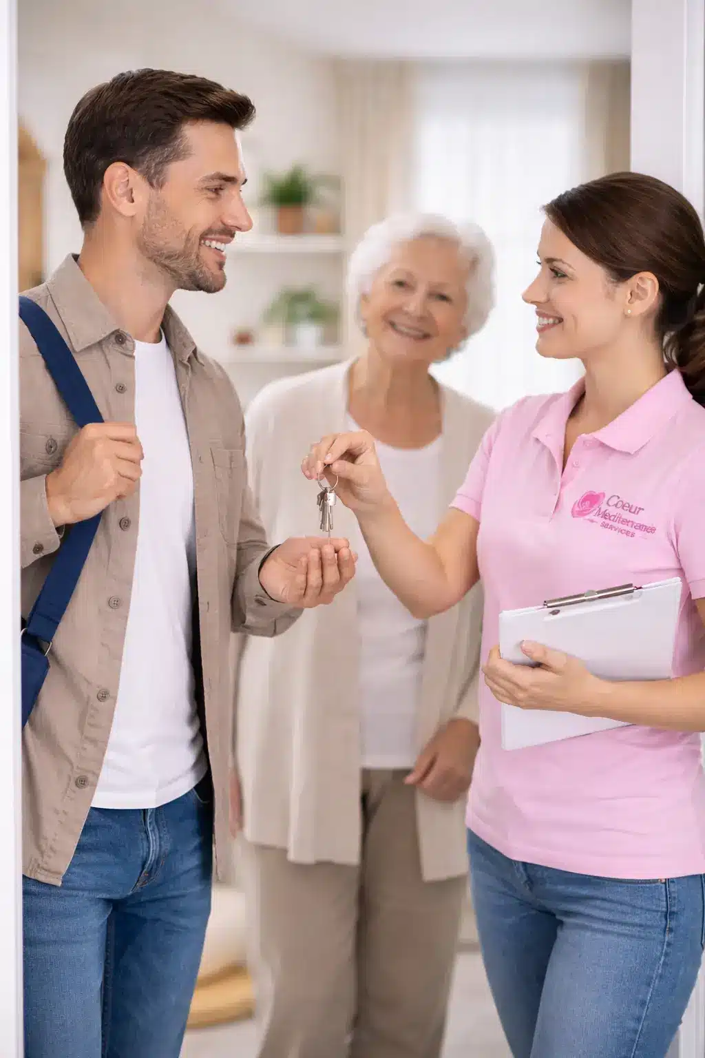 Relais familial à domicile avec aide à domicile accompagnant une personne âgée