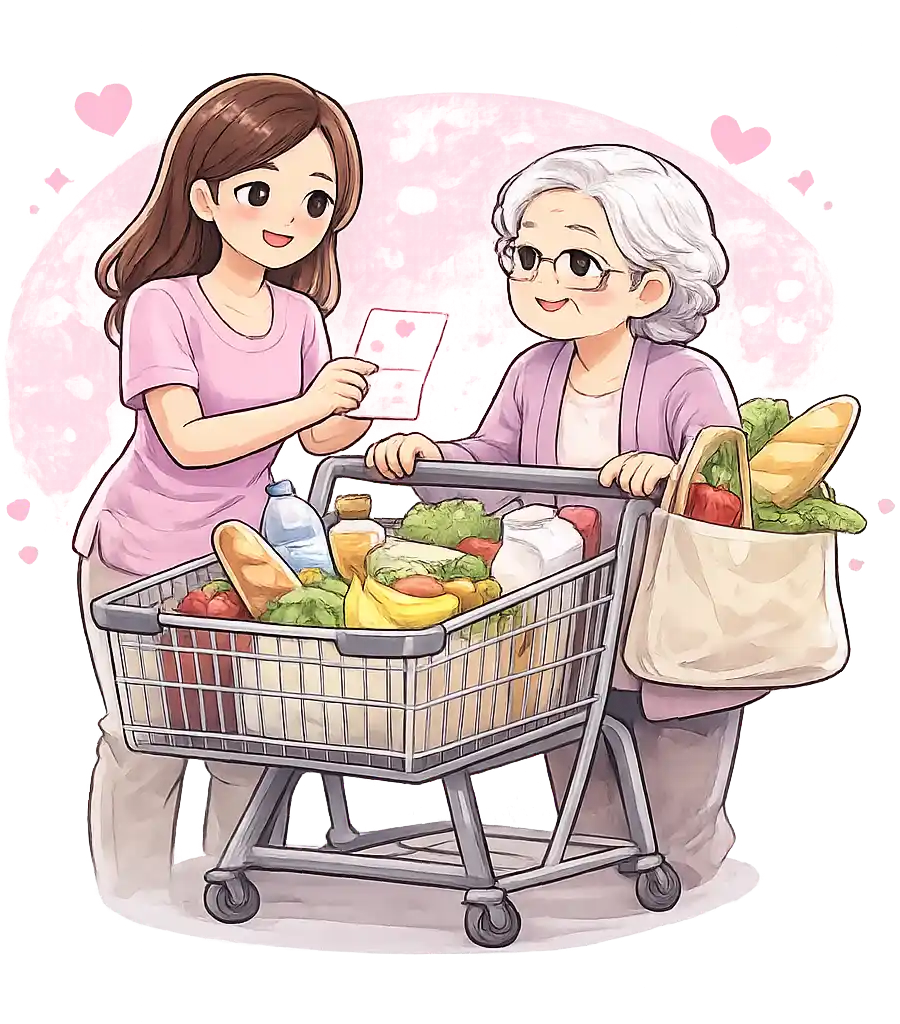 Aide à domicile accompagnant une personne pour faire les courses avec une liste d’achats