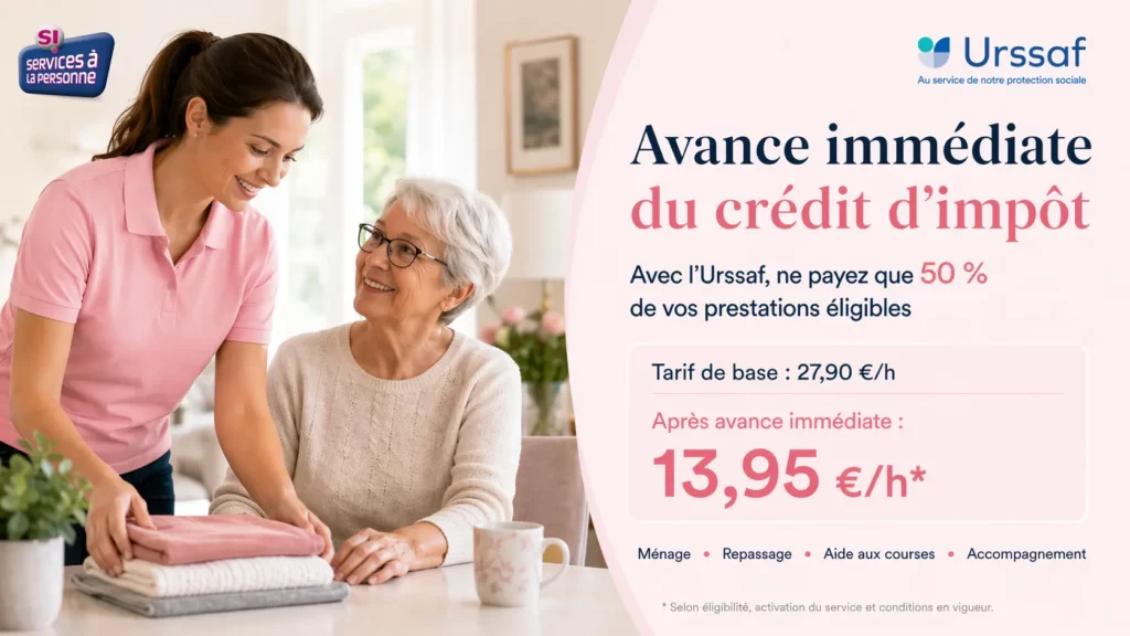 Avance immédiate du crédit d’impôt pour l’aide à domicile à Toulon avec Cœur Méditerranée Services : tarif de base 27,90 €/h, soit 13,95 €/h après avance immédiate selon éligibilité.