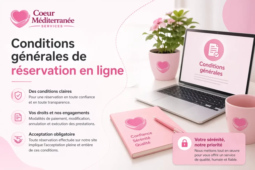 Illustration des conditions générales de réservation en ligne de Cœur Méditerranée Services