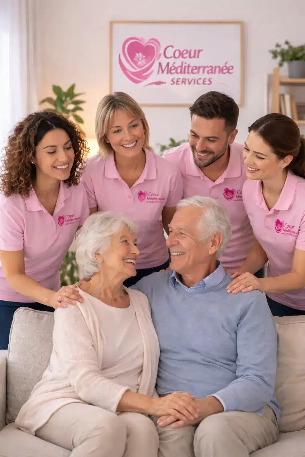 Equipe de service à domicile auprès d’un couple de seniors