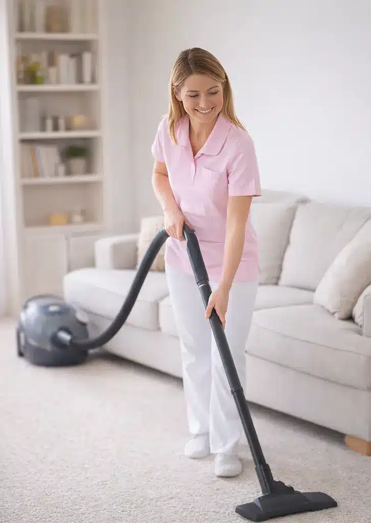 Femme de ménage à Toulon réalisant un ménage régulier avec aspirateur dans un salon