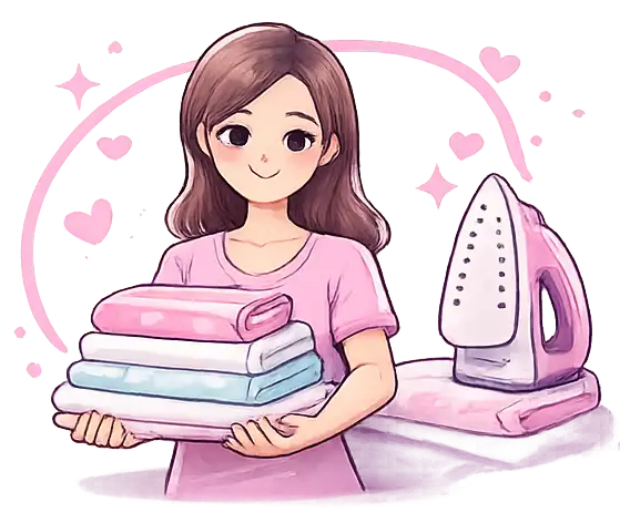 Illustration d’un service de repassage à domicile avec linge plié et intervention au domicile du client