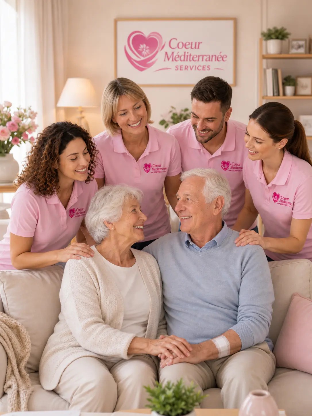 Aide à domicile à Toulon avec équipe accompagnant un couple de seniors après hospitalisation