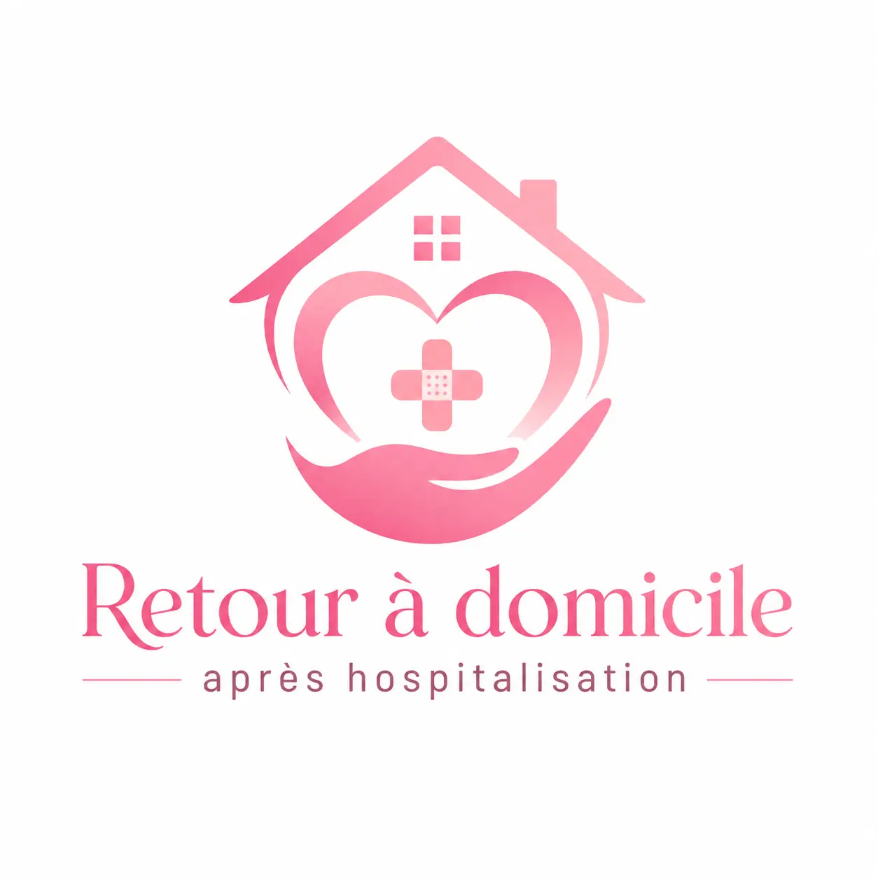 Logo retour à domicile après hospitalisation avec maison, cœur, main protectrice et croix médicale